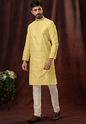 Woven Cotton Jacquard Kurta Set in Yellow