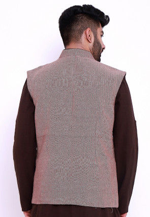 Woven Cotton Jacquard Nehru Jacket in Beige and Wine