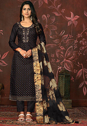 Woven Cotton Jacquard Pakistani Suit in Black