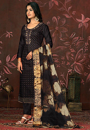 Woven Cotton Jacquard Pakistani Suit in Black