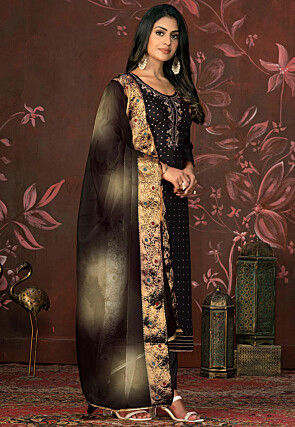 Woven Cotton Jacquard Pakistani Suit in Black