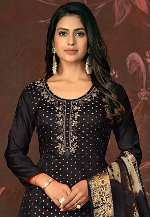 Woven Cotton Jacquard Pakistani Suit in Black