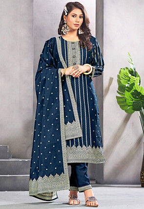Woven Cotton Jacquard Pakistani Suit in Teal Blue