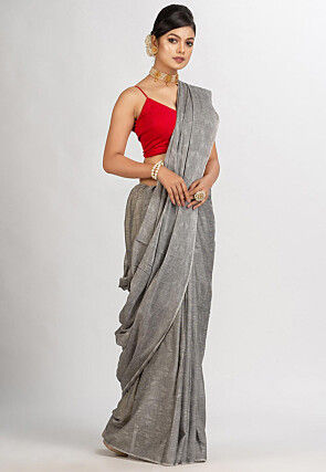 Woven Cotton Jacquard Saree in Grey