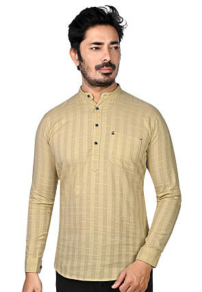 Woven Cotton Jacquard Short Kurta in Beige