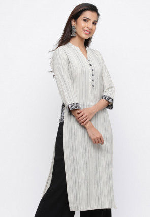 Woven Cotton Jacquard Straight Kurta in Off White