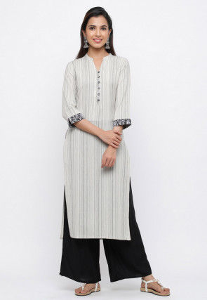Woven Cotton Jacquard Straight Kurta in Off White