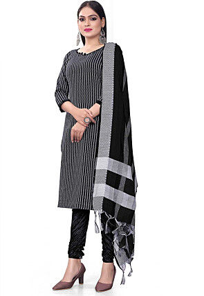 Woven Cotton Jacquard Straight Suit in Black