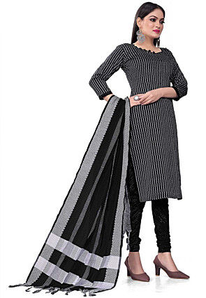 Woven Cotton Jacquard Straight Suit in Black