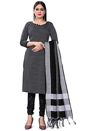 Woven Cotton Jacquard Straight Suit in Black