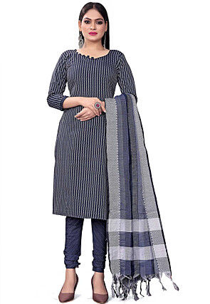 Woven Cotton Jacquard Straight Suit in Blue