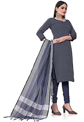 Woven Cotton Jacquard Straight Suit in Blue