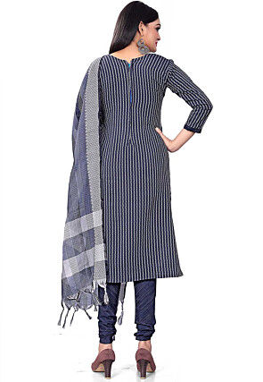 Woven Cotton Jacquard Straight Suit in Blue