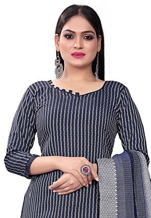 Woven Cotton Jacquard Straight Suit in Blue