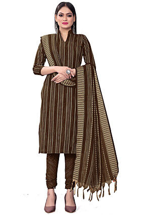 Woven Cotton Jacquard Straight Suit in Brown