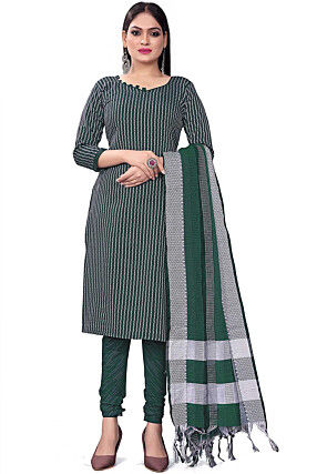 Woven Cotton Jacquard Straight Suit in Dark Green