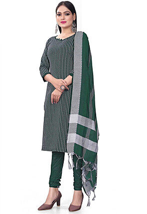 Woven Cotton Jacquard Straight Suit in Dark Green
