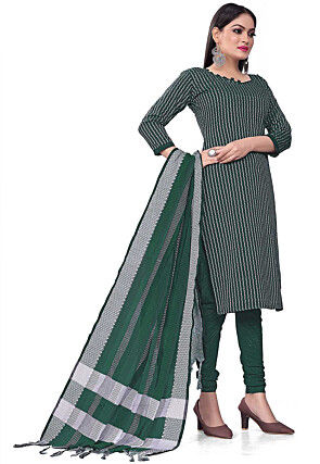 Woven Cotton Jacquard Straight Suit in Dark Green