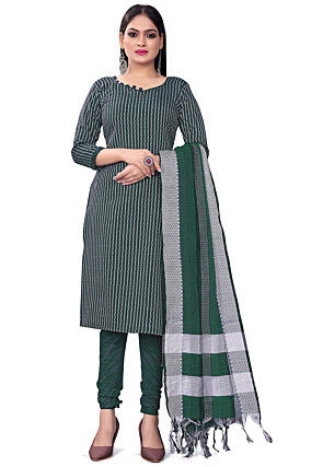 Woven Cotton Jacquard Straight Suit in Dark Green