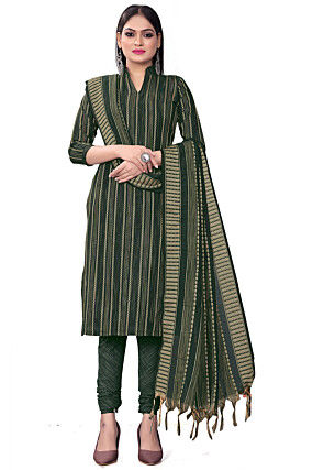 Woven Cotton Jacquard Straight Suit in Green