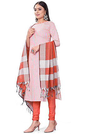 Woven Cotton Jacquard Straight Suit in Orange