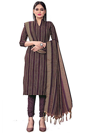 Woven Cotton Jacquard Straight Suit in Purple