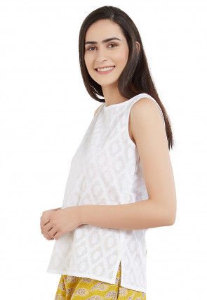 Woven Cotton Jacquard Top in Off White