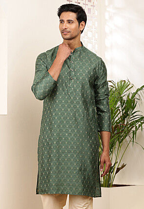 Woven Cotton Kurta in Dark Green