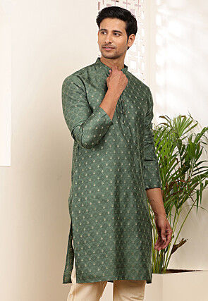 Woven Cotton Kurta in Dark Green