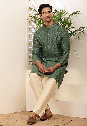 Woven Cotton Kurta in Dark Green