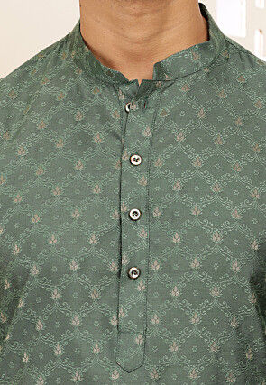 Woven Cotton Kurta in Dark Green