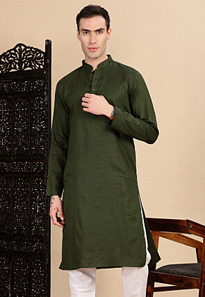 Woven Cotton Kurta in Dark Olive Green