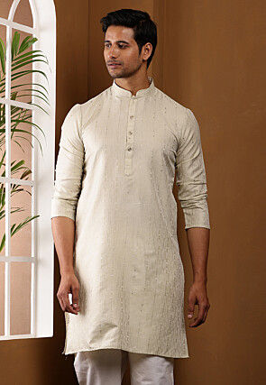 Woven Cotton Kurta in Off White