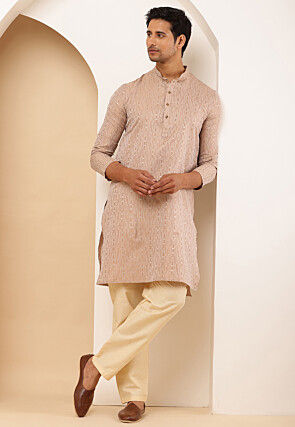 Woven Cotton Kurta in Peach