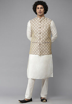 Woven Cotton Kurta Jacket Set in Off White and Brown