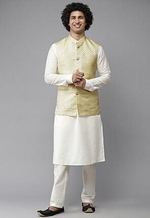 Woven Cotton Kurta Jacket Set in Off White and Light Yellow