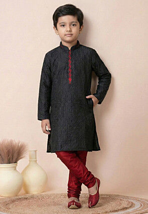 Woven Cotton Kurta Set in Black