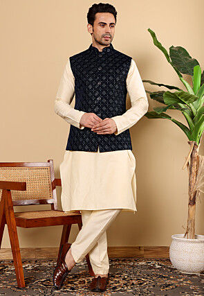 Woven Cotton Kurta Set in Light Beige and Navy Blue