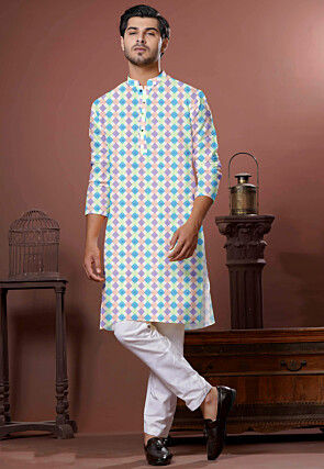 Woven Cotton Kurta Set in Multicolor