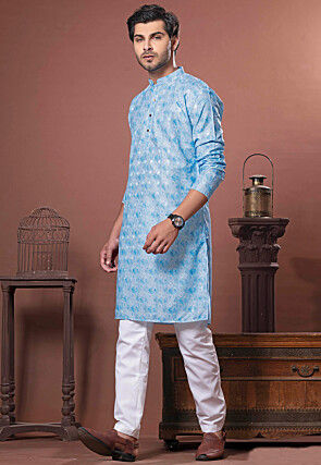 Woven Cotton Kurta Set in Sky Blue