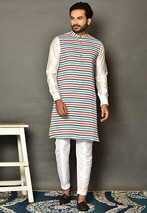 Woven Cotton Kurta Set in White