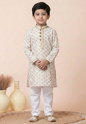 Woven Cotton Kurta Set in White
