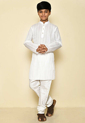 Woven Cotton Kurta Set in White