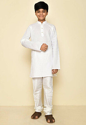 Woven Cotton Kurta Set in White