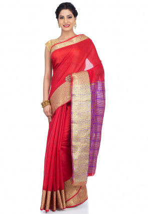 Woven Cotton Linen Saree in Red