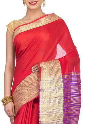 Woven Cotton Linen Saree in Red