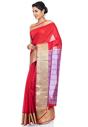 Woven Cotton Linen Saree in Red