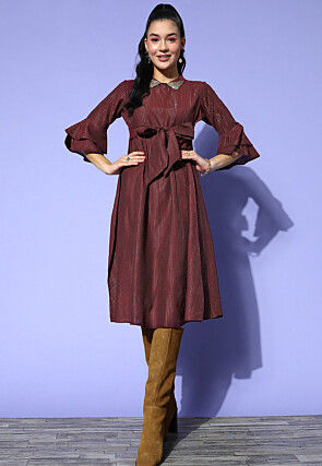 Woven Cotton Lurex Jacquard Fit N Flare Dress in Maroon