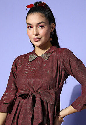 Woven Cotton Lurex Jacquard Fit N Flare Dress in Maroon