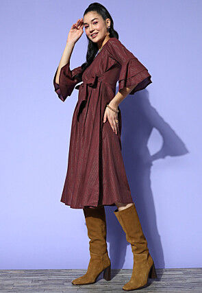 Woven Cotton Lurex Jacquard Fit N Flare Dress in Maroon